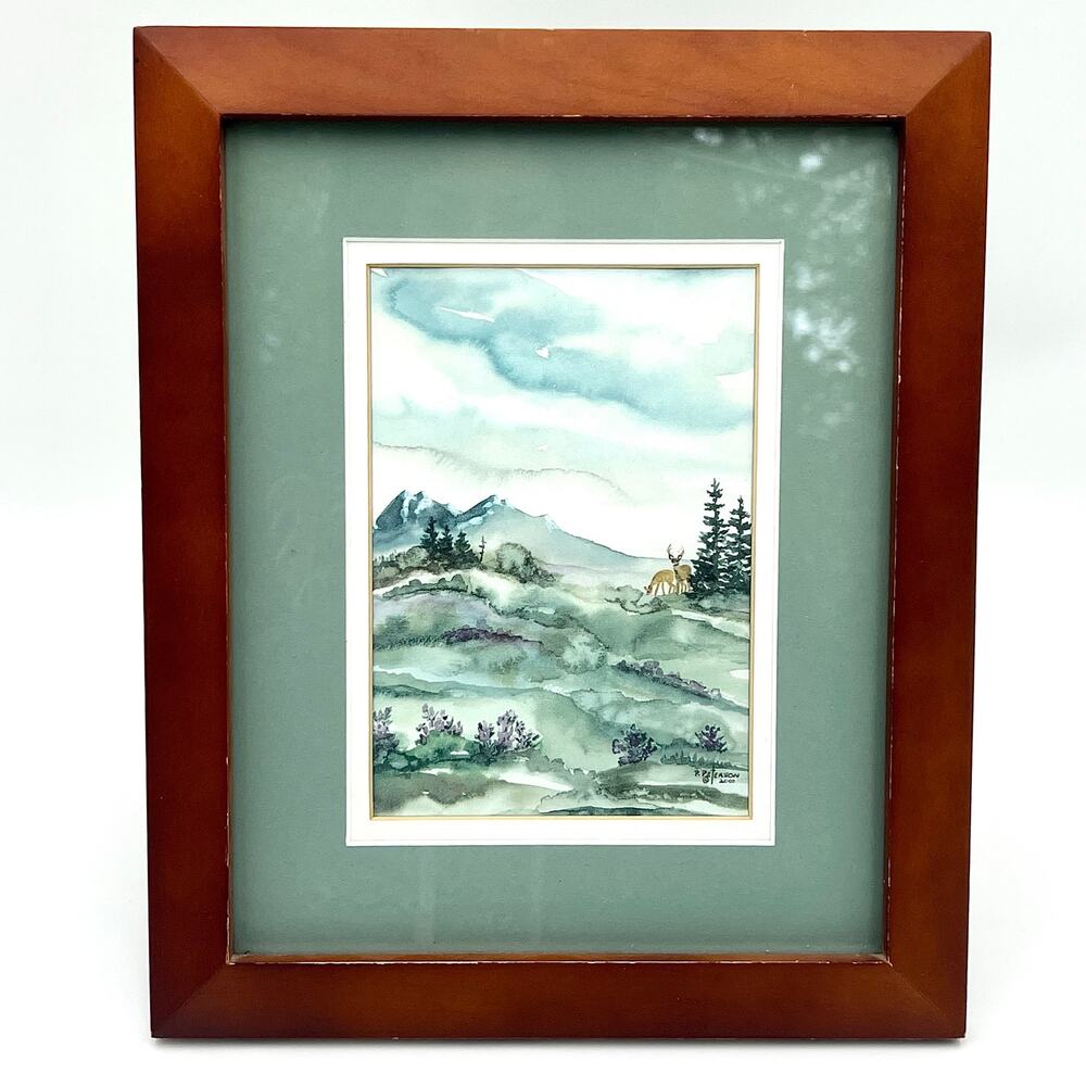 Original Deer Watercolor P Peterson 2000 Framed Mountain Landscape Wildlife Art